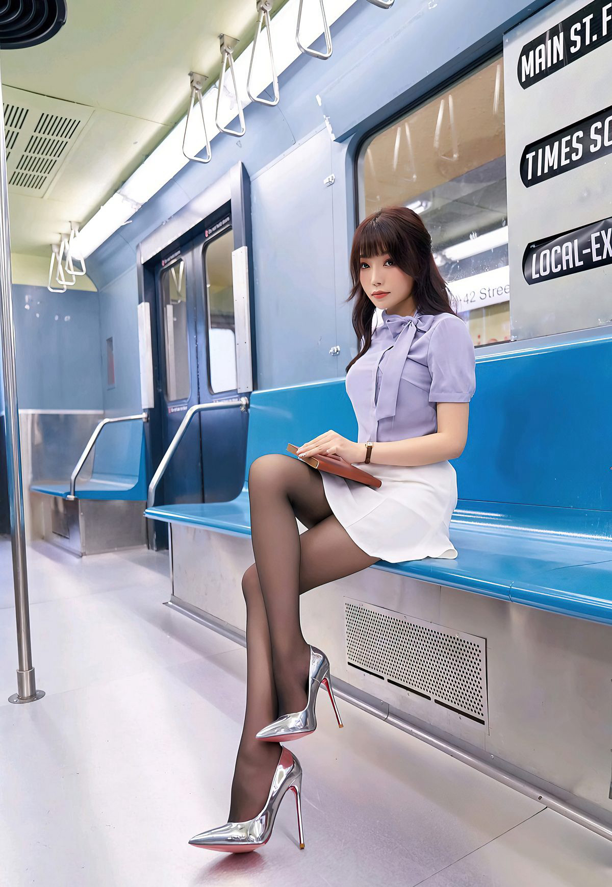 芝芝Booty地铁黑丝短裙妹子诱惑长腿大胸性感美少妇